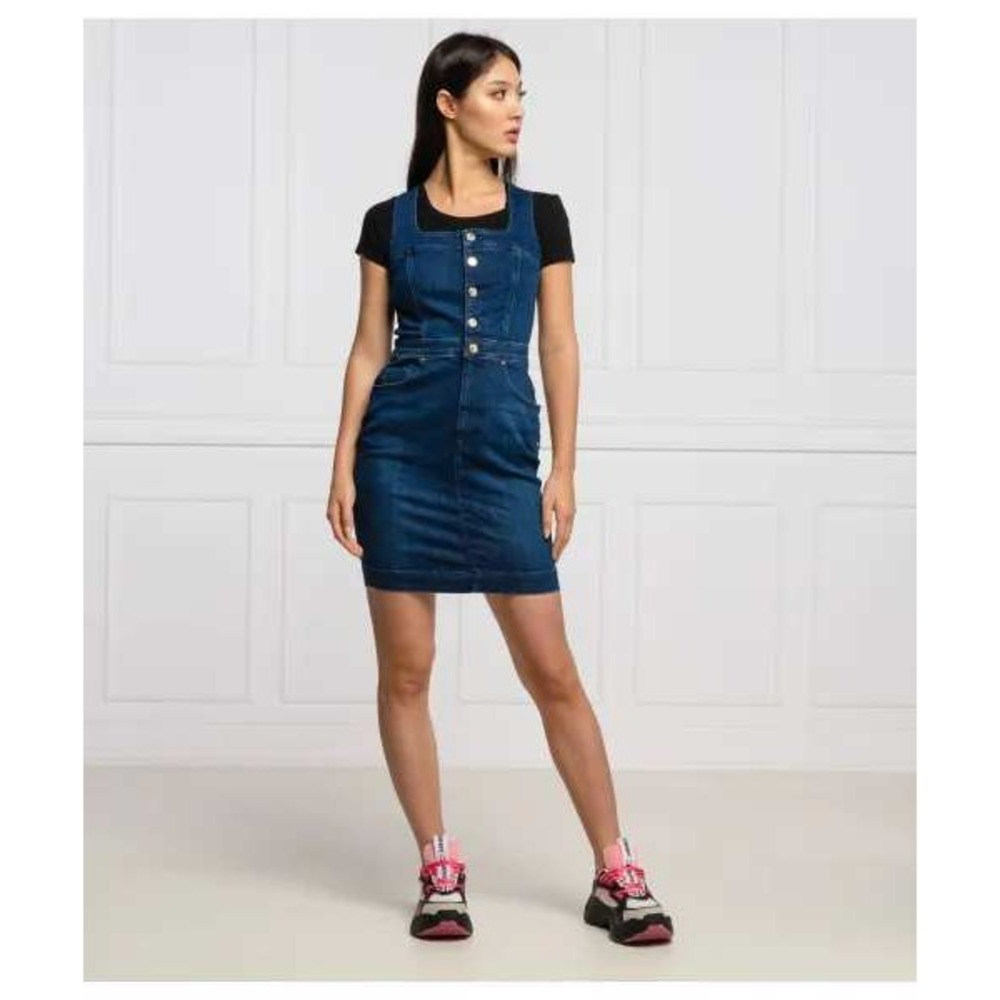 Guess Margot Denim Dress Women L Blue Sleeveless Button Front Mini Sheath